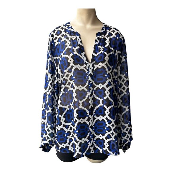 INC Blouse Top‎ Chiffon Blue White Geometric Print Women's Size 12 Long Sleeves - Picture 1 of 8